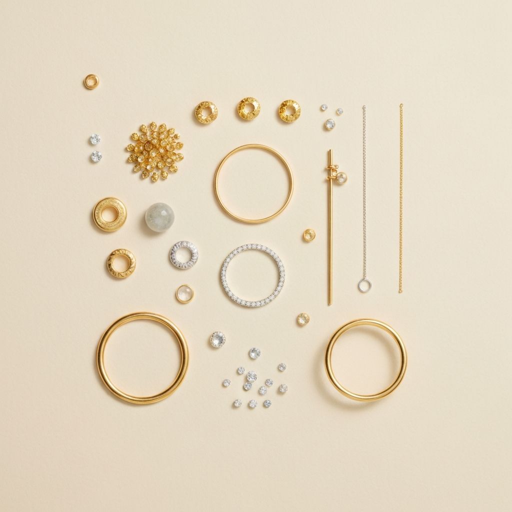 Premium jewelry materials including gold, silver, and gemstones